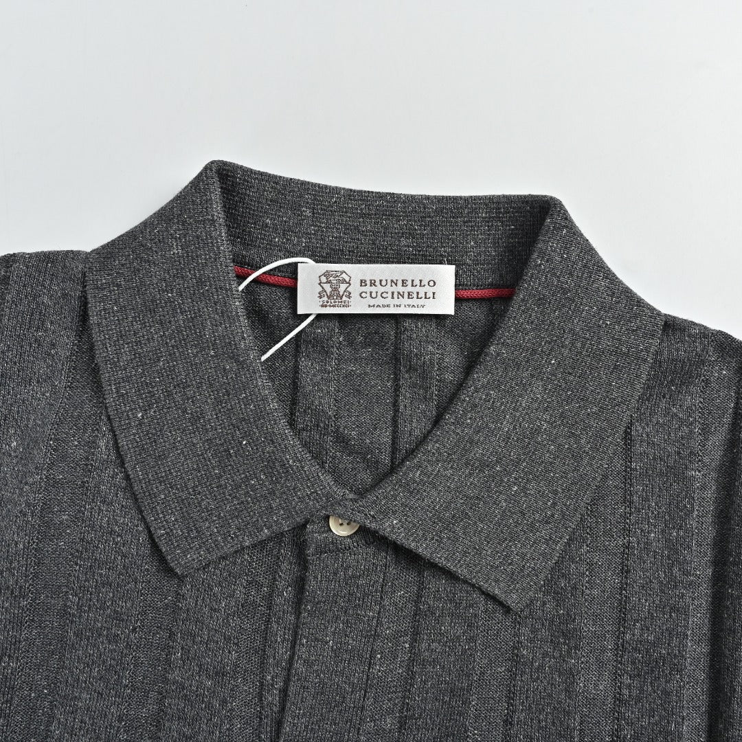 Brunello Cucinelli BC Two-Tone Vertical Stripe Knit Ribbed Short-Sleeve Cardigan Slate