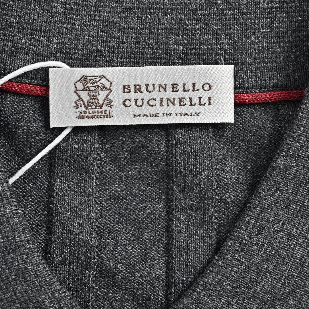 Brunello Cucinelli BC Two-Tone Vertical Stripe Knit Ribbed Short-Sleeve Cardigan Slate