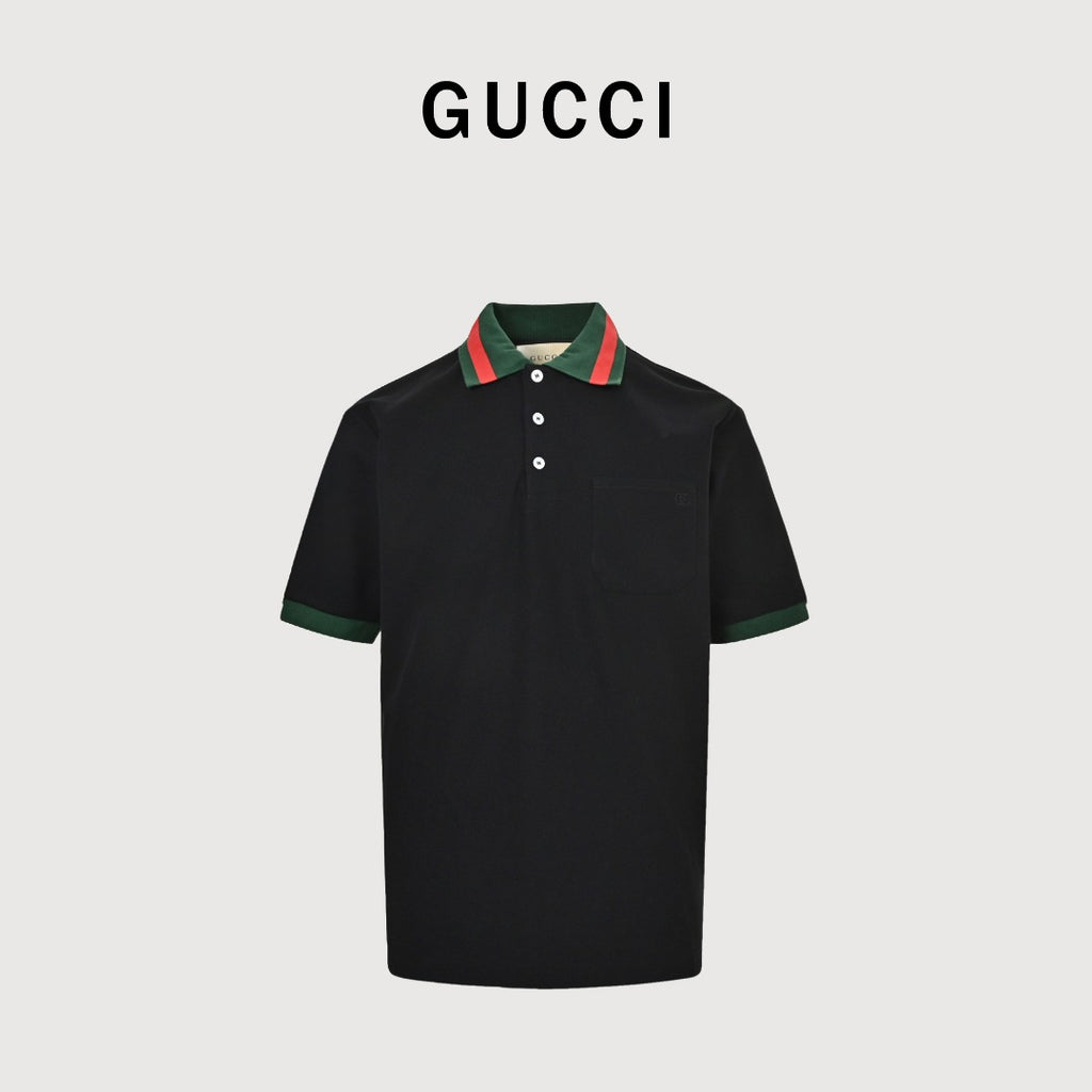 Gucci 25SS Classic Red-Green Web Double G Shadow Jacquard Embroidered Short-Sleeve Polo Shirt Black