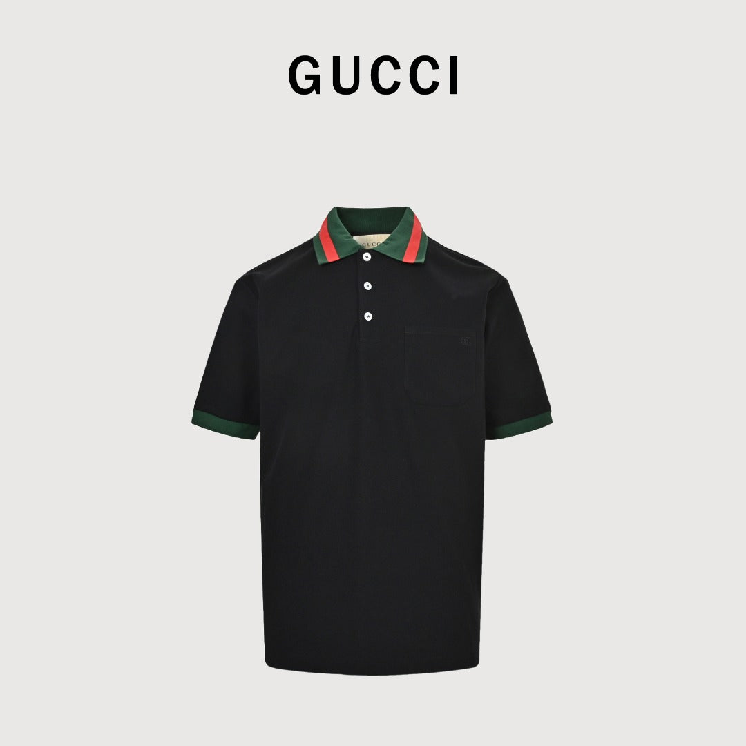 Gucci 25SS Classic Red-Green Web Double G Shadow Jacquard Embroidered Short-Sleeve Polo Shirt Black