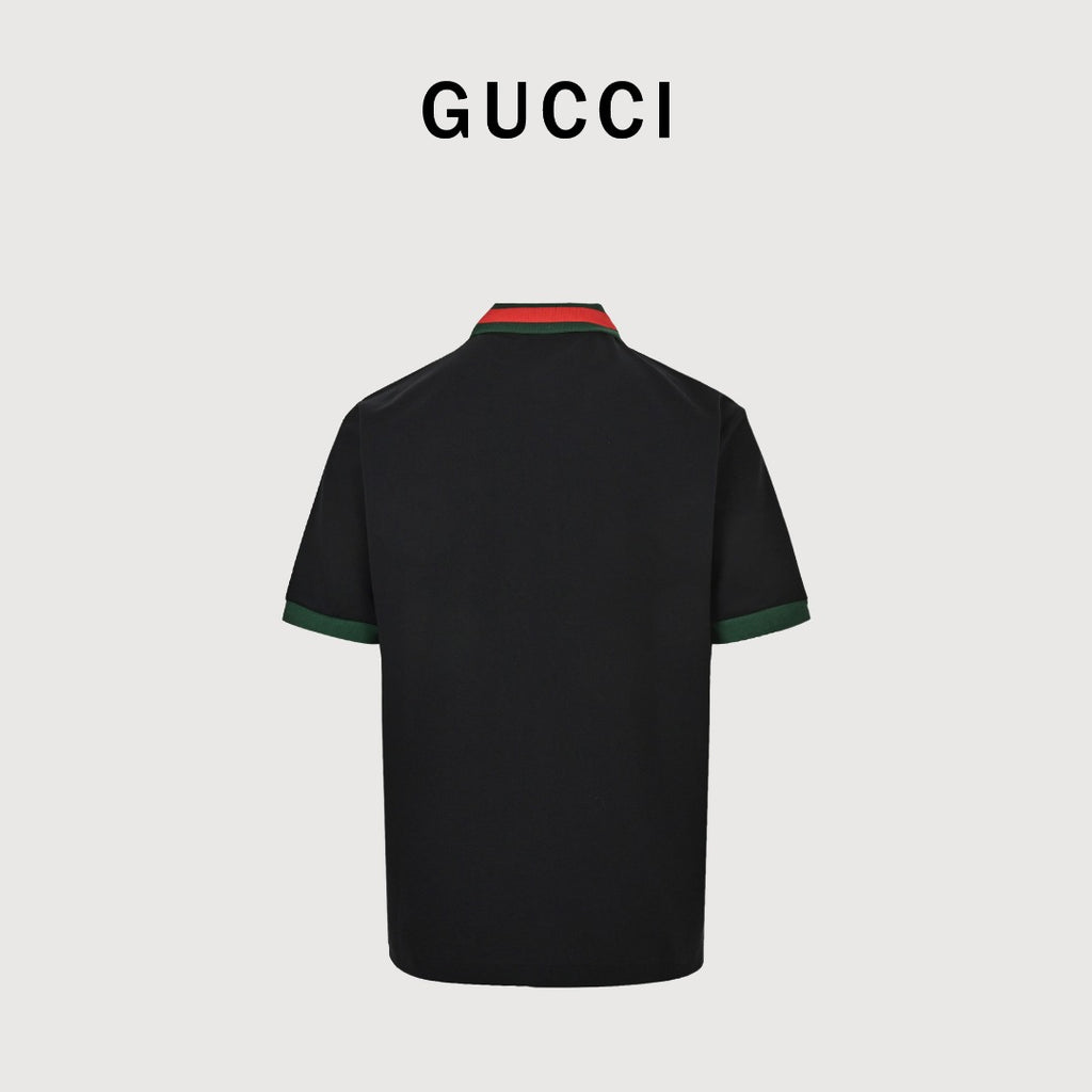 Gucci 25SS Classic Red-Green Web Double G Shadow Jacquard Embroidered Short-Sleeve Polo Shirt Black