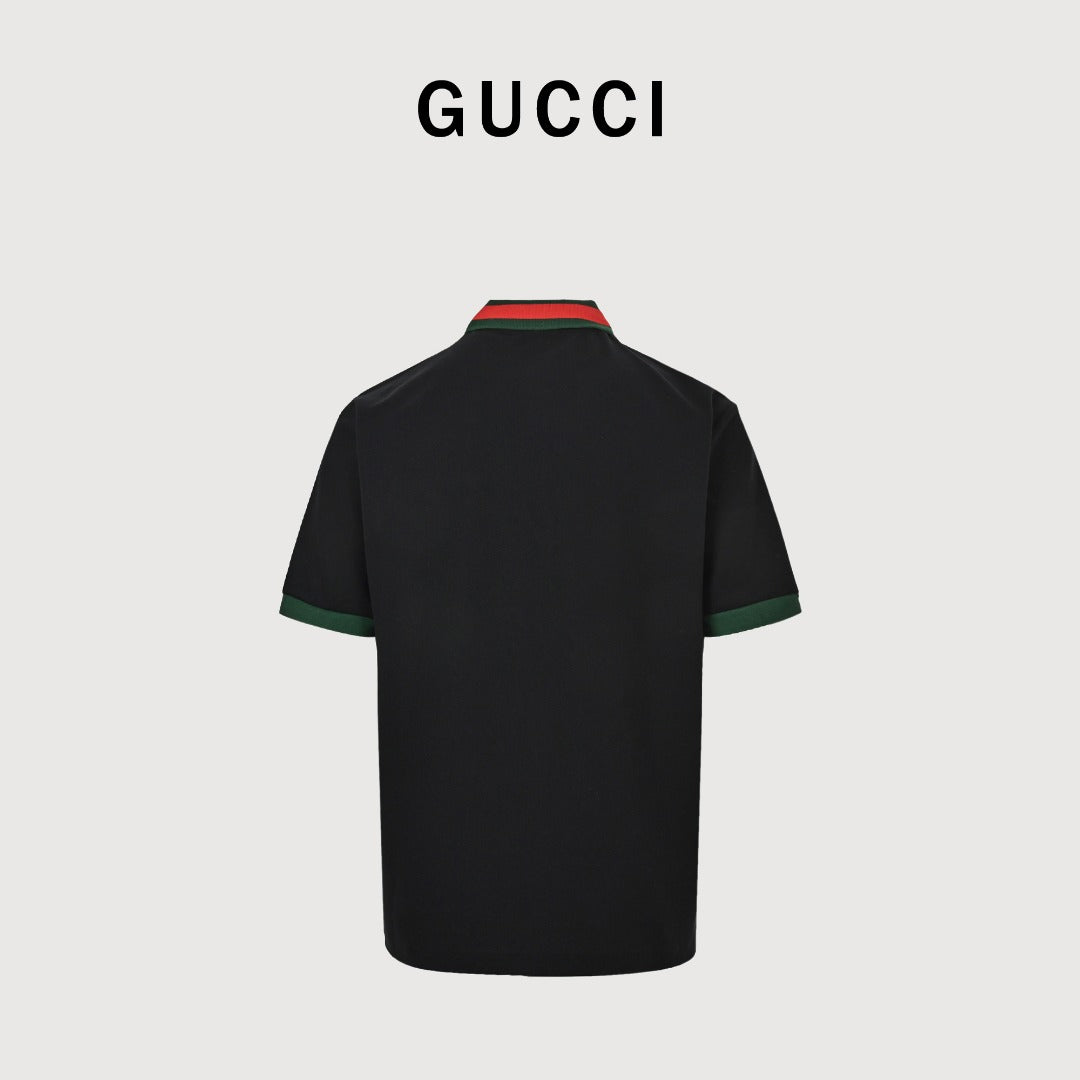 Gucci 25SS Classic Red-Green Web Double G Shadow Jacquard Embroidered Short-Sleeve Polo Shirt Black