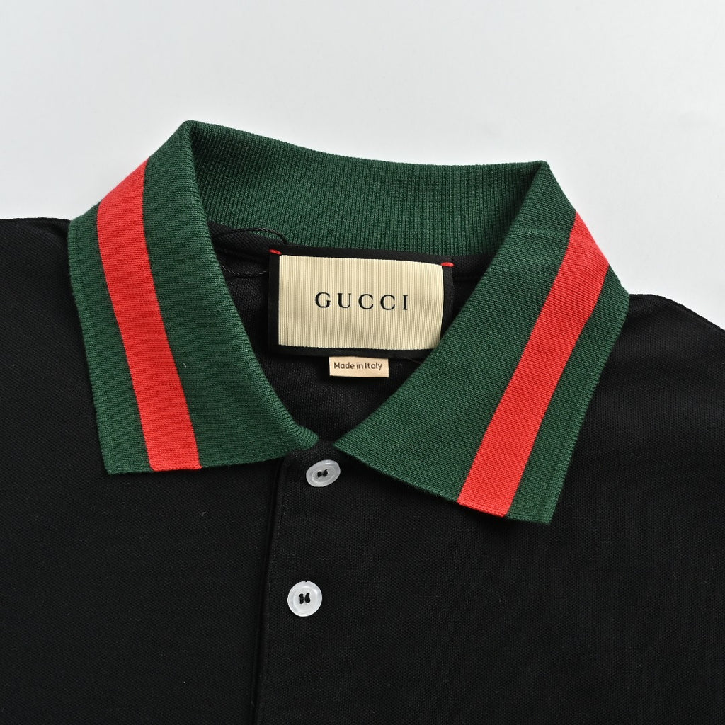 Gucci 25SS Classic Red-Green Web Double G Shadow Jacquard Embroidered Short-Sleeve Polo Shirt Black