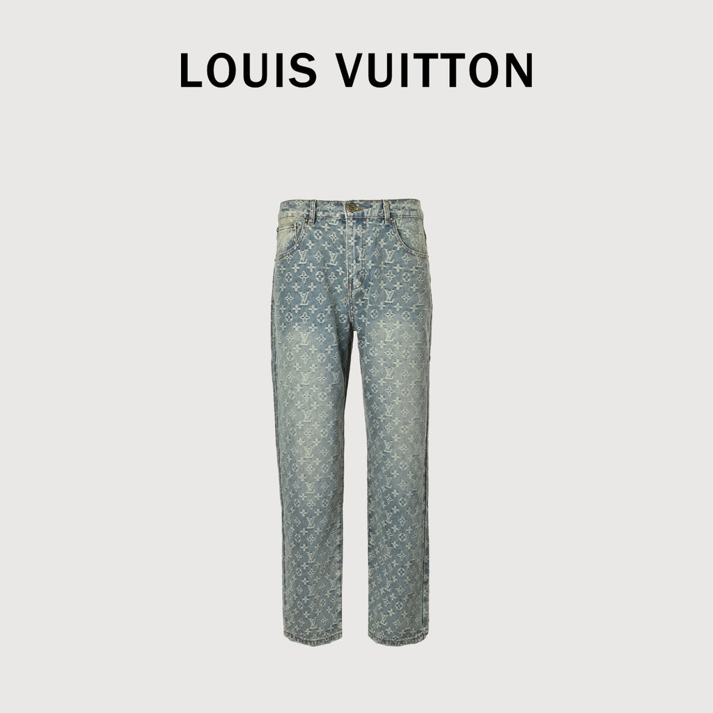 Louis Vuitton LV Monogram Jacquard Straight-Leg Washed Denim Jeans Indigo