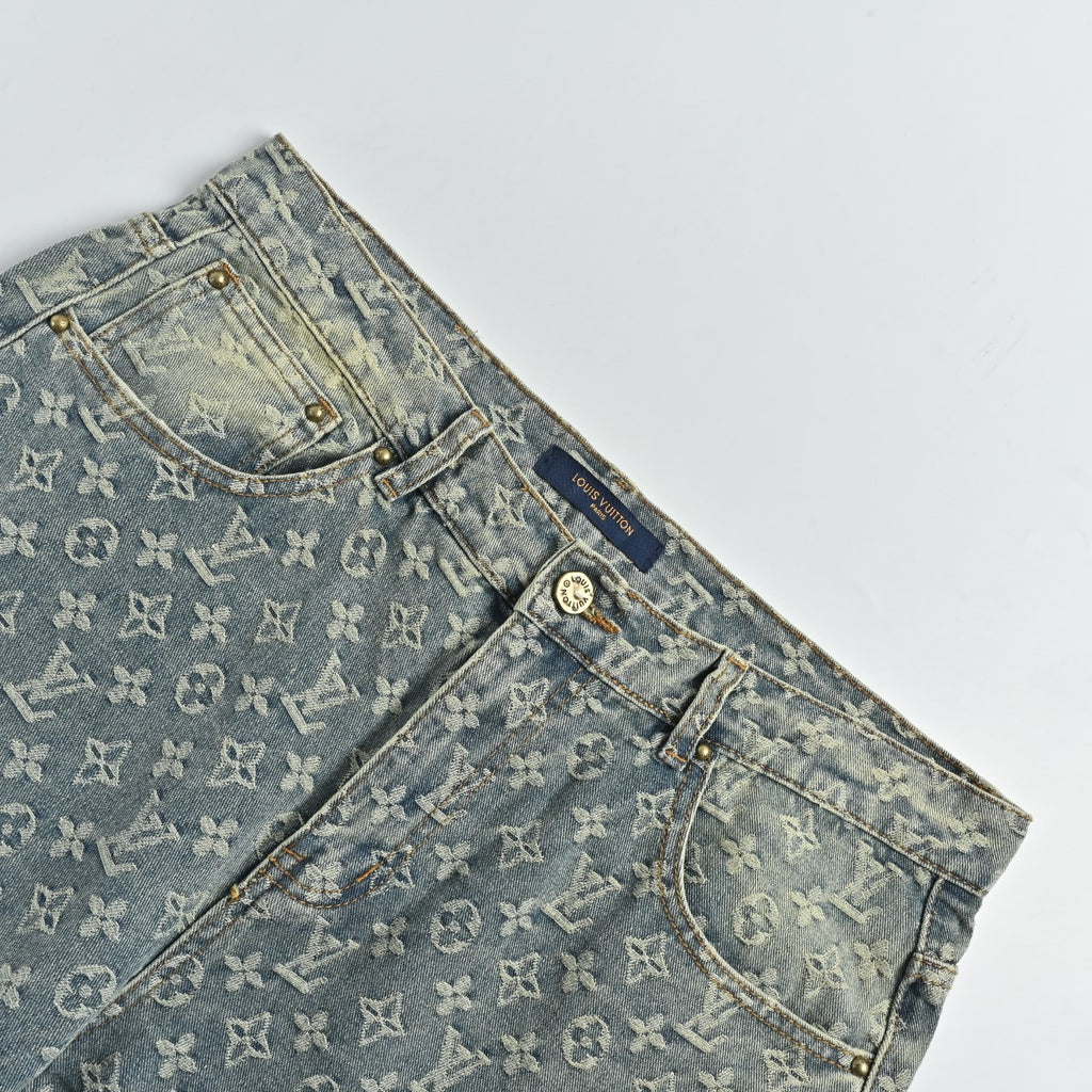 Louis Vuitton LV Monogram Jacquard Straight-Leg Washed Denim Jeans Indigo
