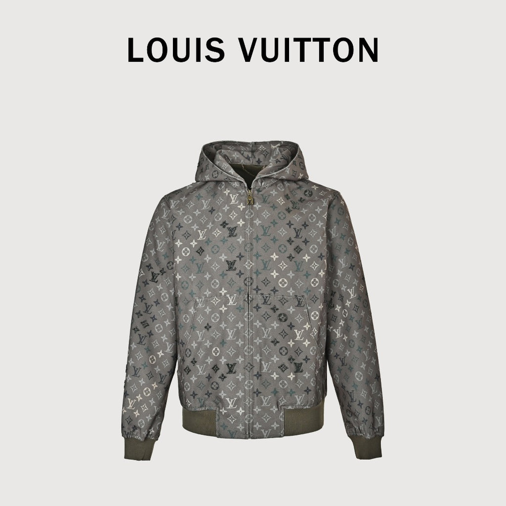 Louis Vuitton LV Monogram Allover-Print Bead-Embellished Denim Hooded Jacket Khaki