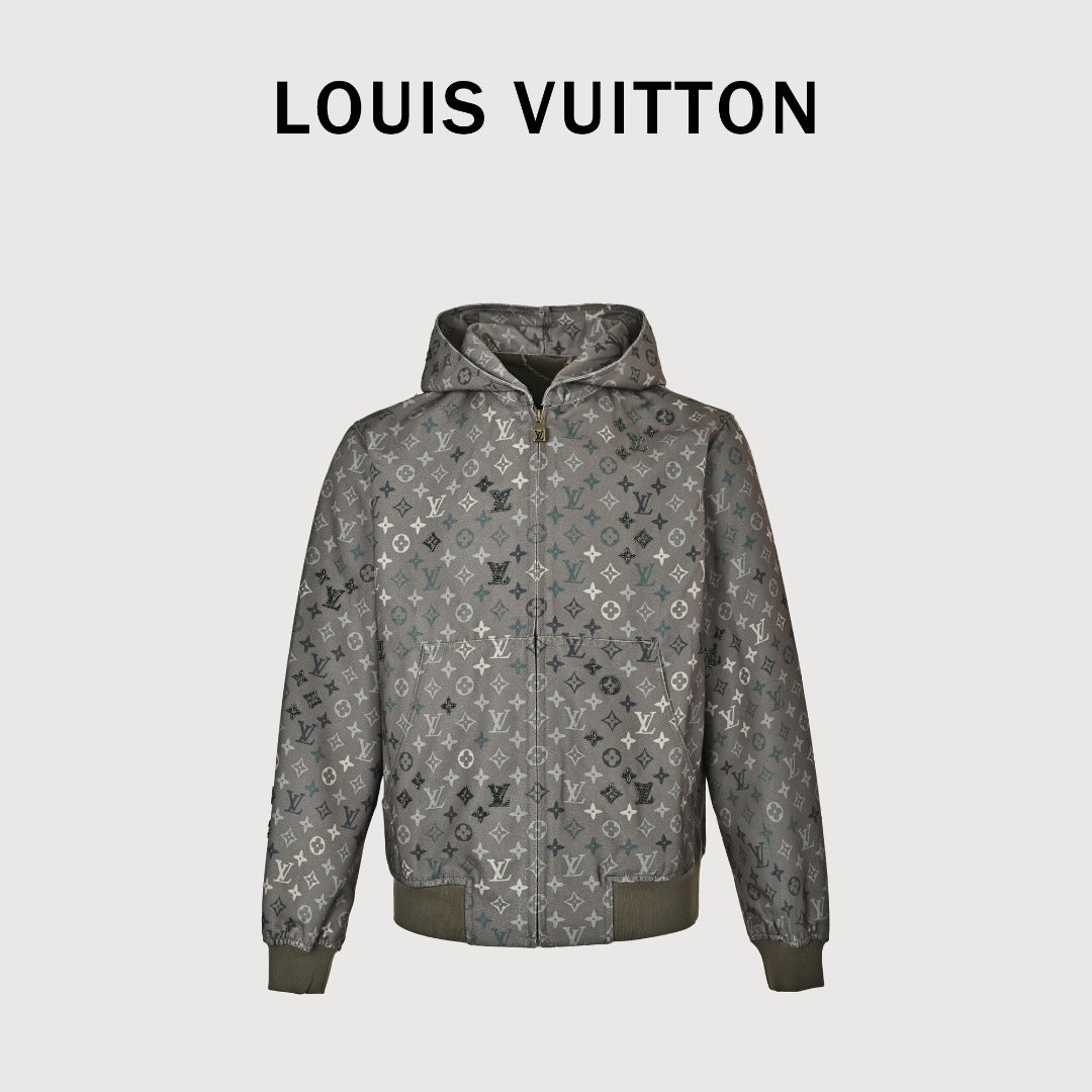 Louis Vuitton LV Monogram Allover-Print Bead-Embellished Denim Hooded Jacket Khaki