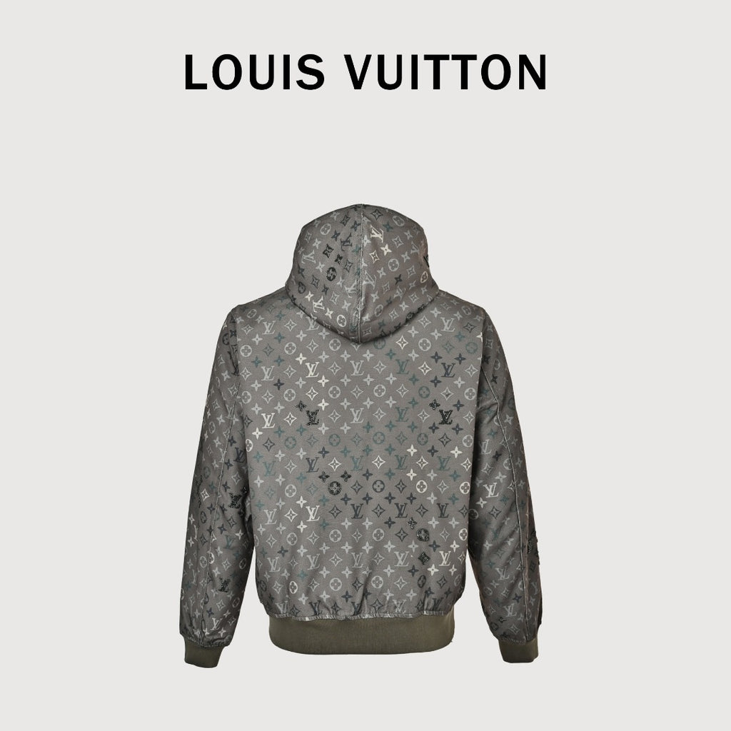 Louis Vuitton LV Monogram Allover-Print Bead-Embellished Denim Hooded Jacket Khaki