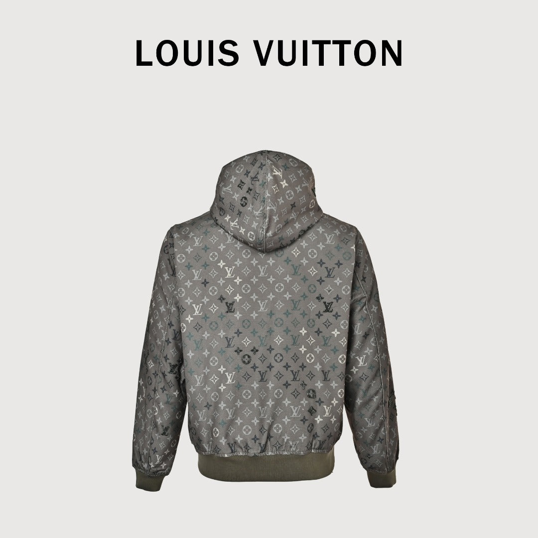 Louis Vuitton LV Monogram Allover-Print Bead-Embellished Denim Hooded Jacket Khaki