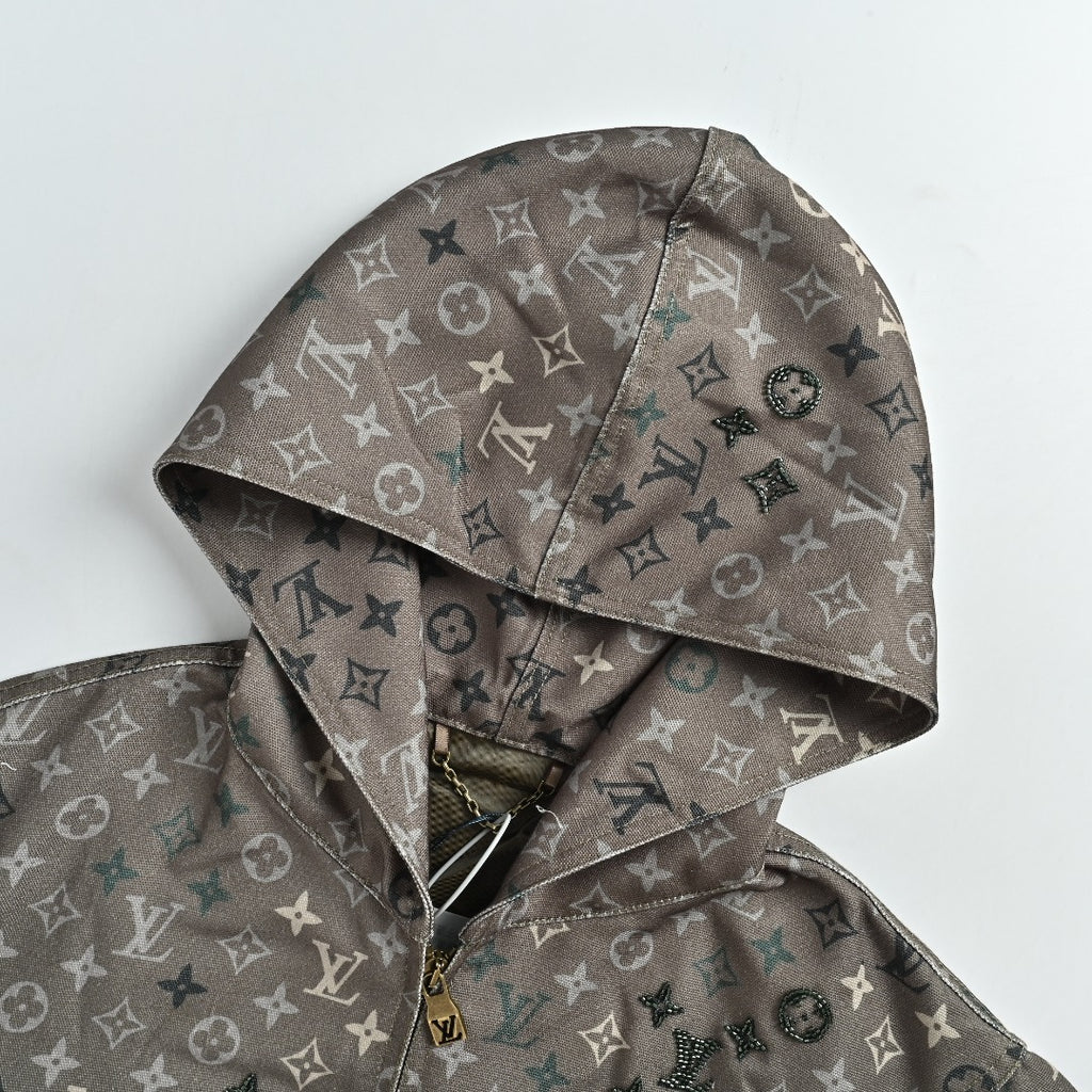 Louis Vuitton LV Monogram Allover-Print Bead-Embellished Denim Hooded Jacket Khaki