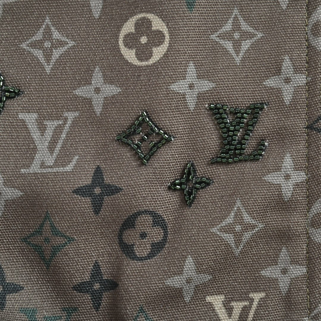 Louis Vuitton LV Monogram Allover-Print Bead-Embellished Denim Hooded Jacket Khaki