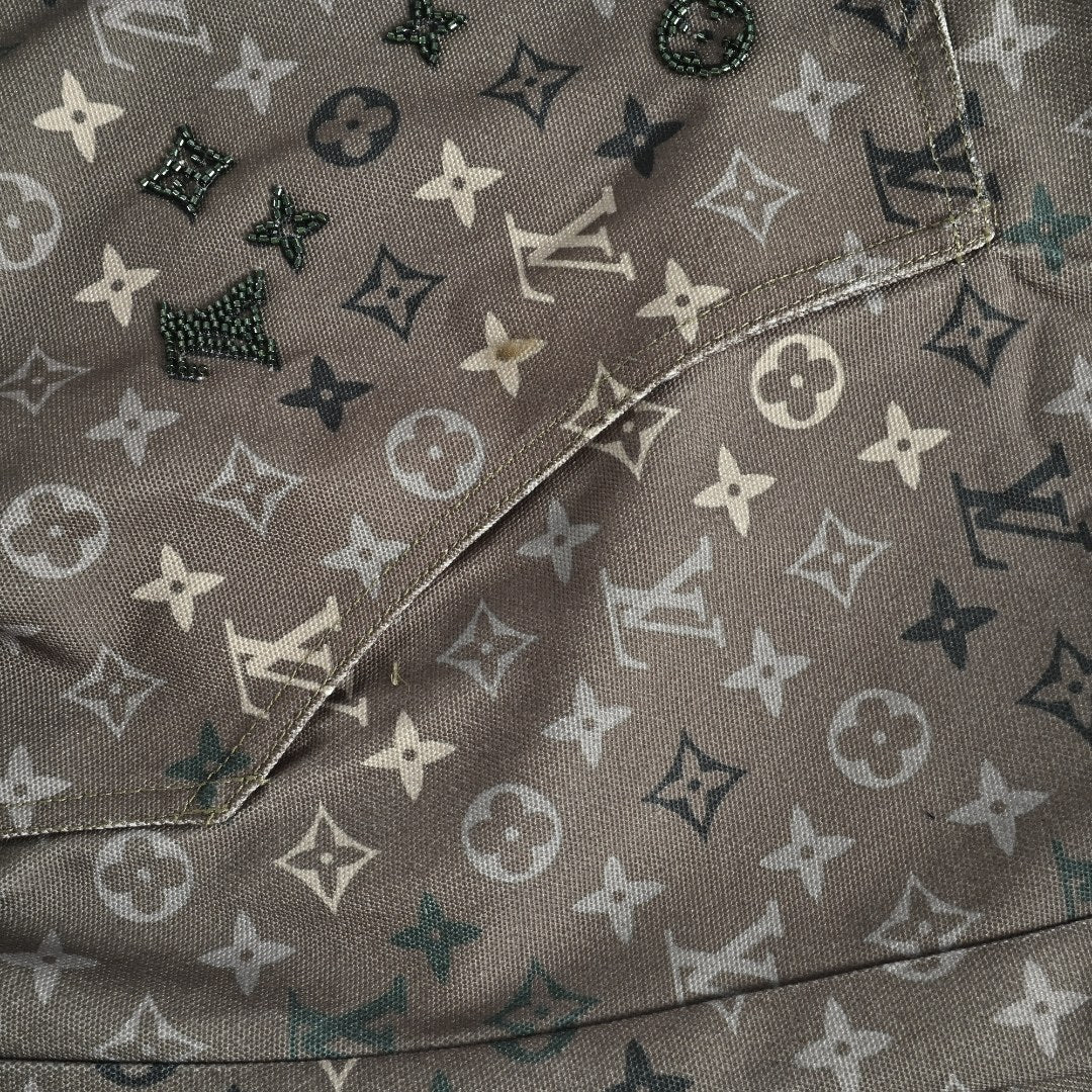 Louis Vuitton LV Monogram Allover-Print Bead-Embellished Denim Hooded Jacket Khaki