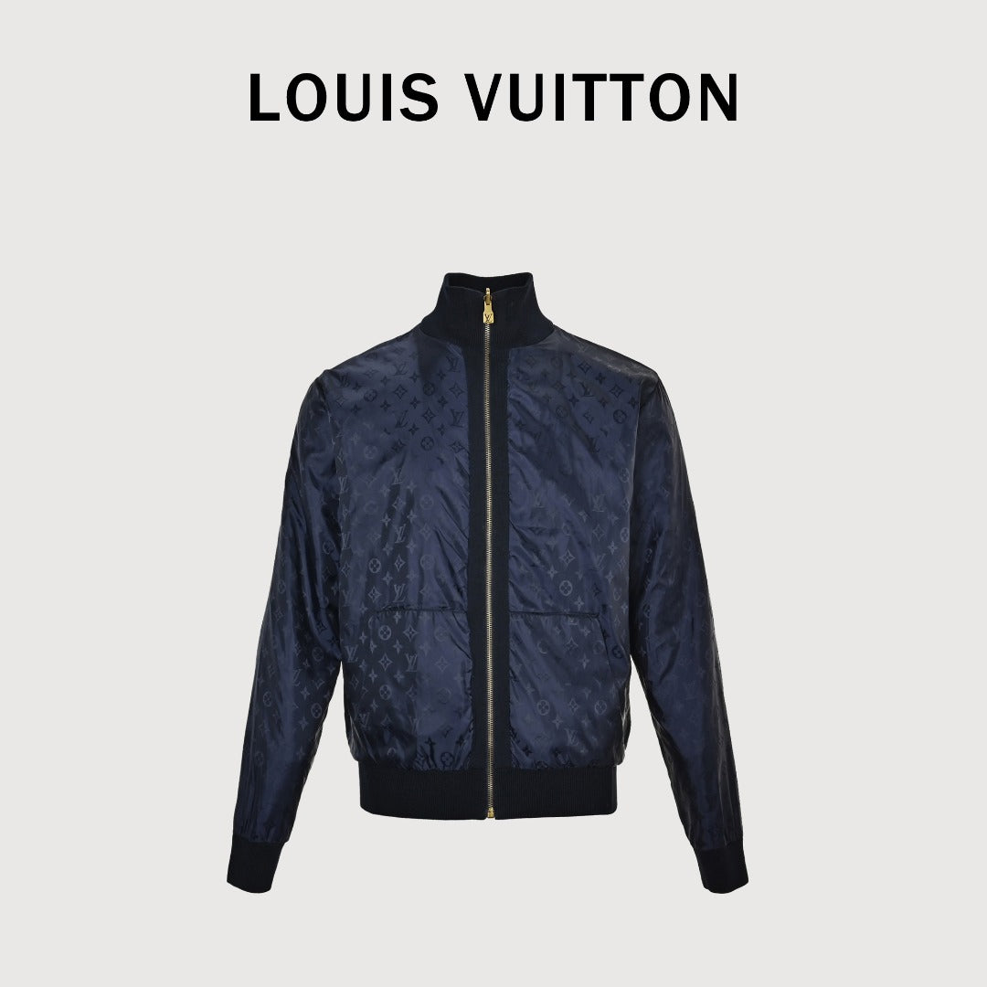 Louis Vuitton LV Leather-Tab Allover-Print Reversible Stand-Collar Jacket Navy