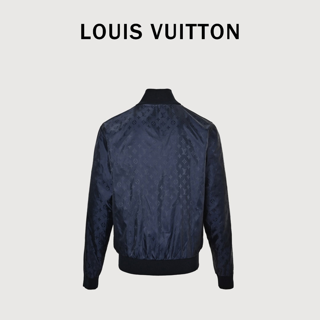 Louis Vuitton LV Leather-Tab Allover-Print Reversible Stand-Collar Jacket Navy