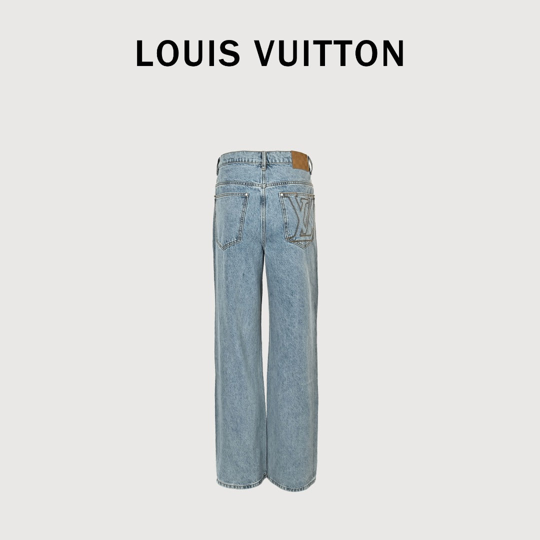 Louis Vuitton LV Back Pocket Embroidered Skater Denim Jeans Light Indigo