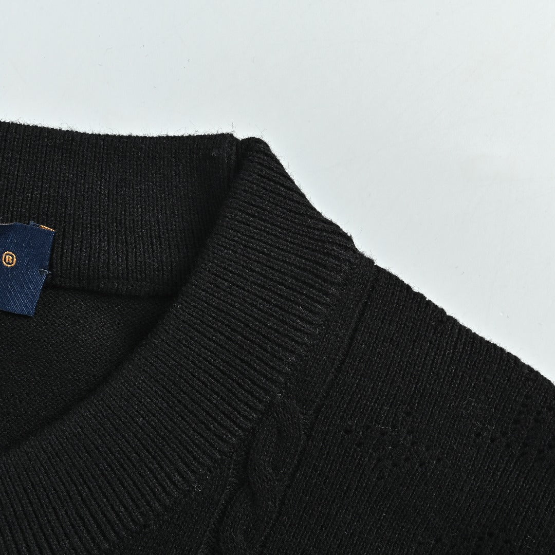 Louis Vuitton LV Hem Triple-Flower Jacquard Mesh Crew-Neck Knit Sweater Black