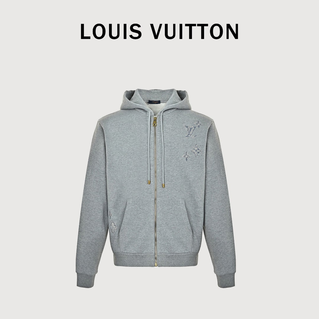 Louis Vuitton LV Sketch Embroidered Zip-Front Hooded Sweatshirt Grey