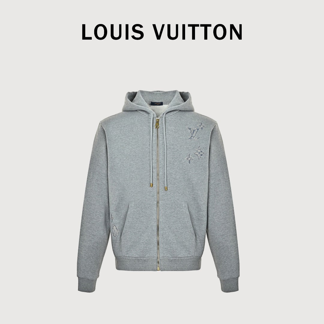 Louis Vuitton LV Sketch Embroidered Zip-Front Hooded Sweatshirt Grey