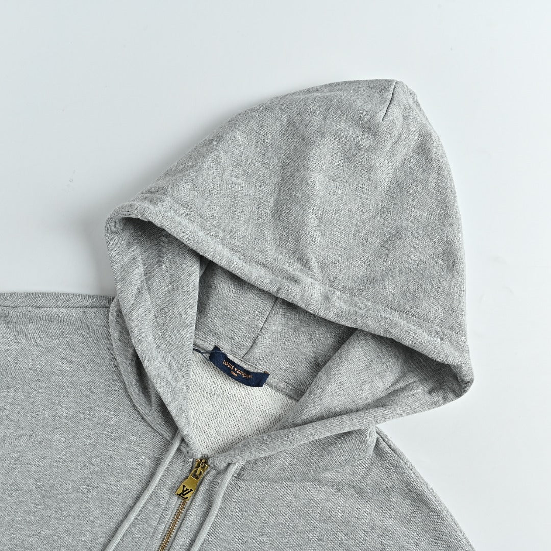 Louis Vuitton LV Sketch Embroidered Zip-Front Hooded Sweatshirt Grey