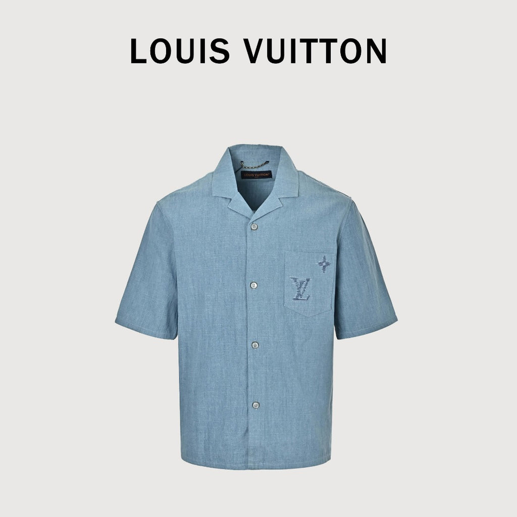 Louis Vuitton LV Front-and-Back Embroidered Chambray Short-Sleeve Shirt Light Blue