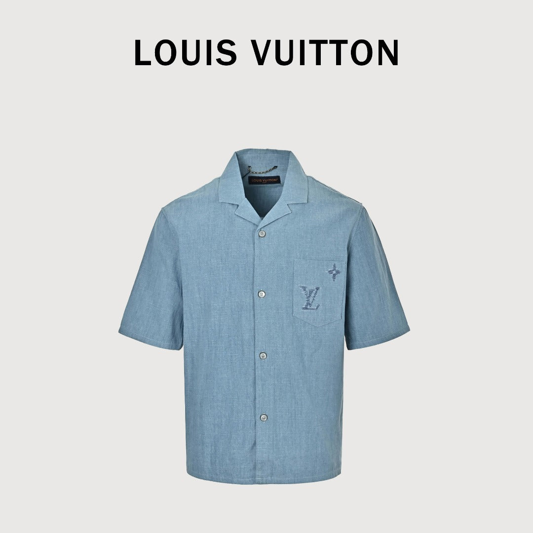 Louis Vuitton LV Front-and-Back Embroidered Chambray Short-Sleeve Shirt Light Blue