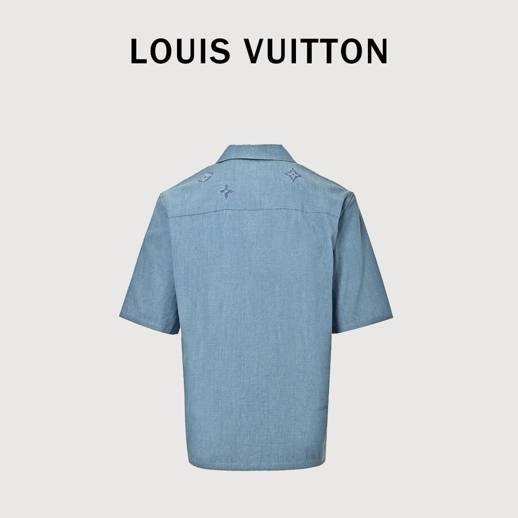 Louis Vuitton LV Front-and-Back Embroidered Chambray Short-Sleeve Shirt Light Blue