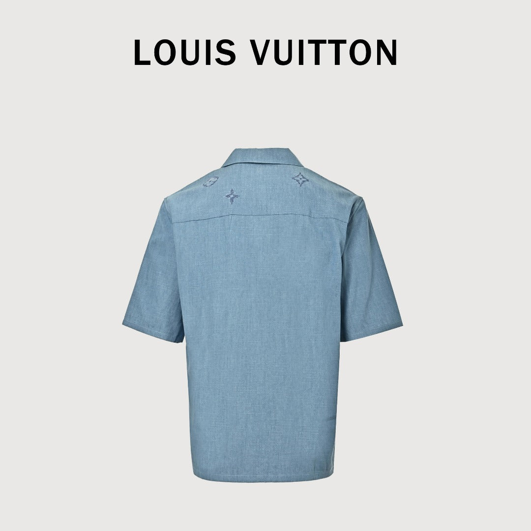 Louis Vuitton LV Front-and-Back Embroidered Chambray Short-Sleeve Shirt Light Blue