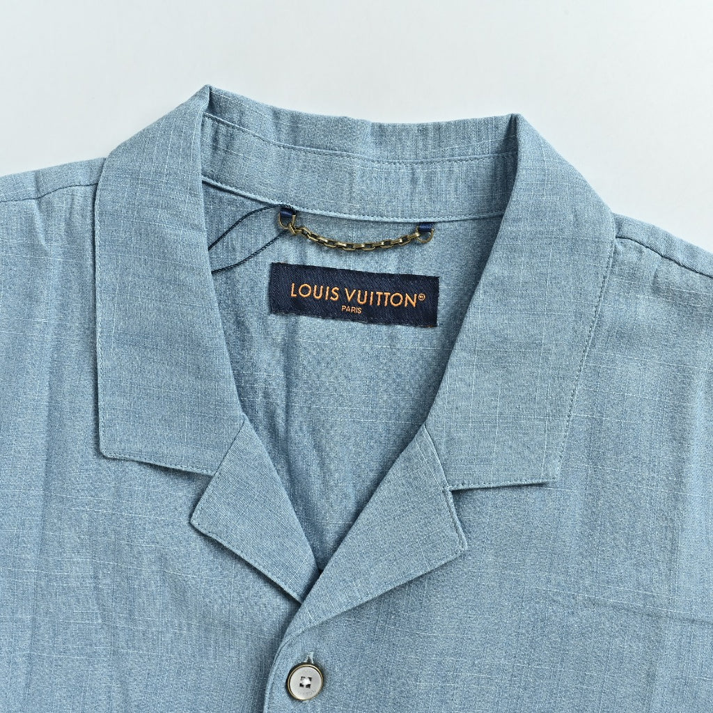 Louis Vuitton LV Front-and-Back Embroidered Chambray Short-Sleeve Shirt Light Blue