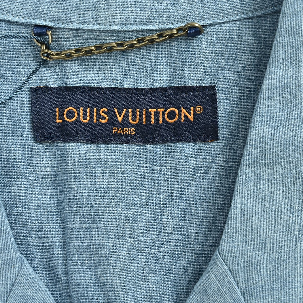 Louis Vuitton LV Front-and-Back Embroidered Chambray Short-Sleeve Shirt Light Blue