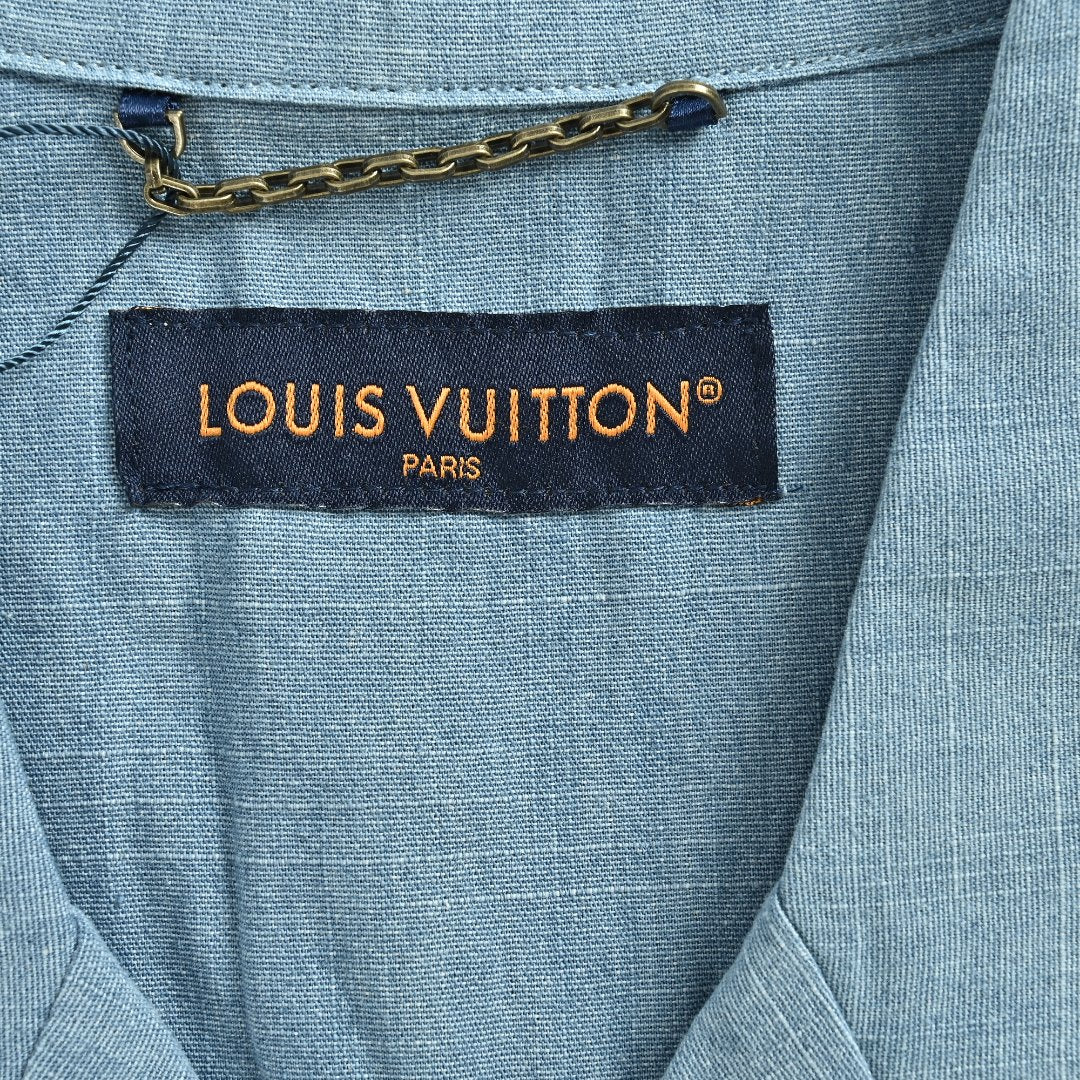Louis Vuitton LV Front-and-Back Embroidered Chambray Short-Sleeve Shirt Light Blue