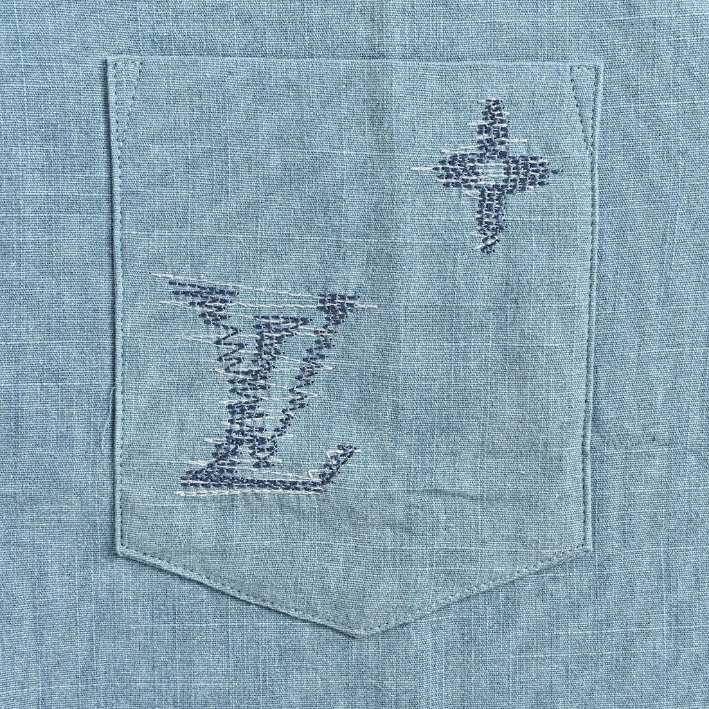 Louis Vuitton LV Front-and-Back Embroidered Chambray Short-Sleeve Shirt Light Blue