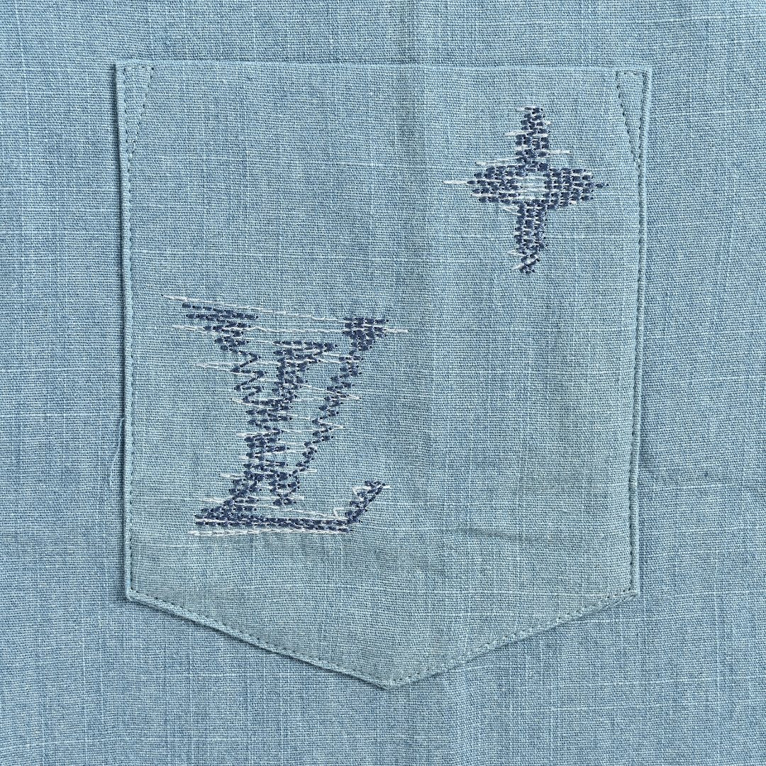 Louis Vuitton LV Front-and-Back Embroidered Chambray Short-Sleeve Shirt Light Blue
