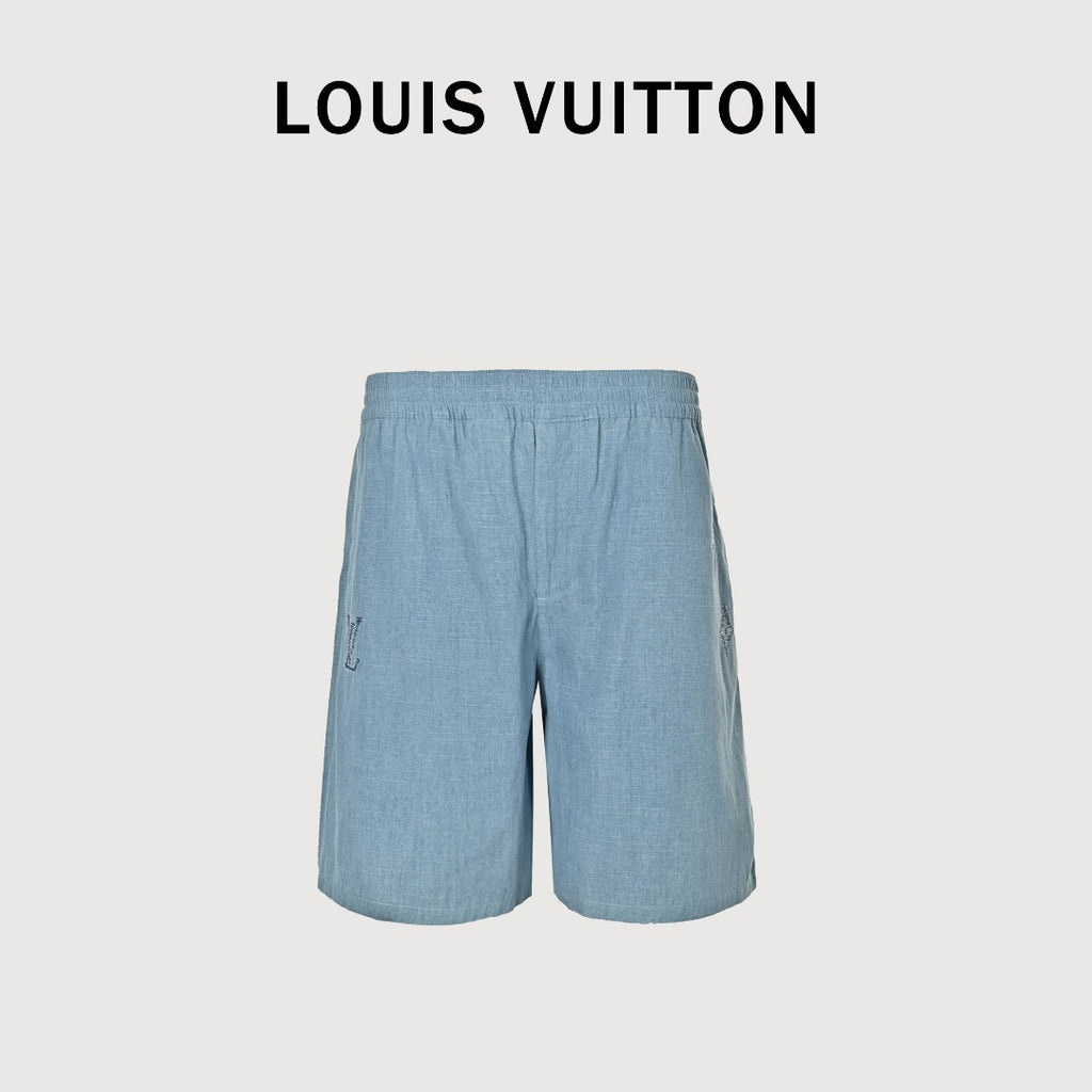 Louis Vuitton LV Front-and-Back Embroidered Chambray Shorts Light Blue