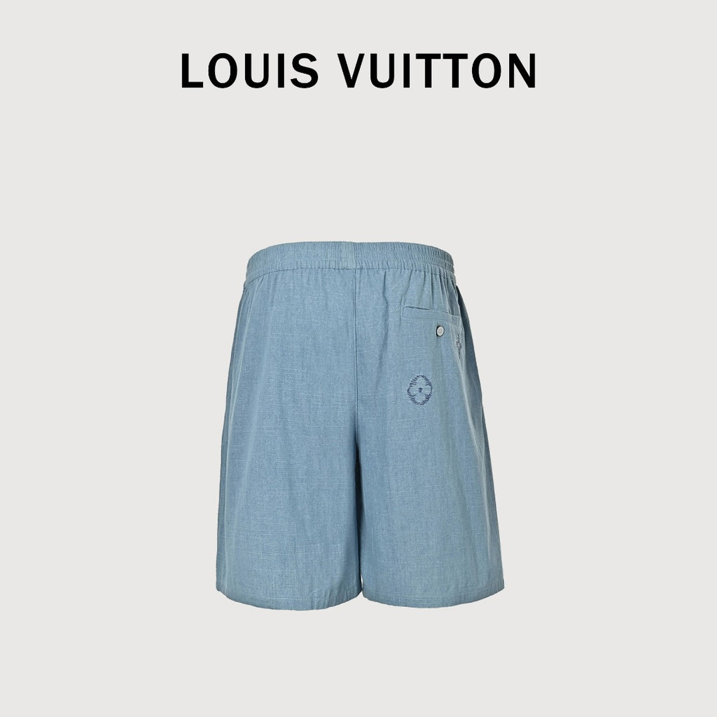 Louis Vuitton LV Front-and-Back Embroidered Chambray Shorts Light Blue