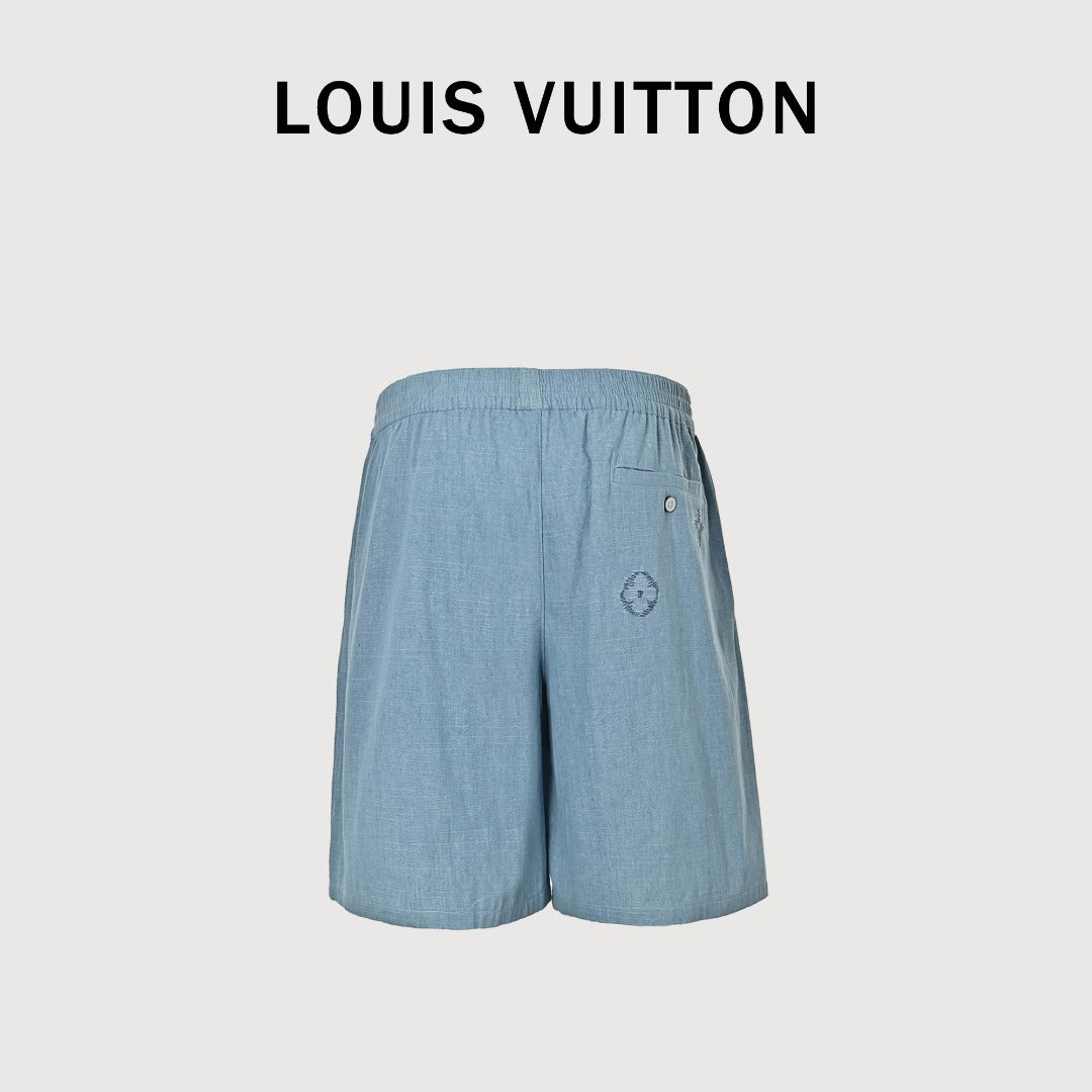 Louis Vuitton LV Front-and-Back Embroidered Chambray Shorts Light Blue