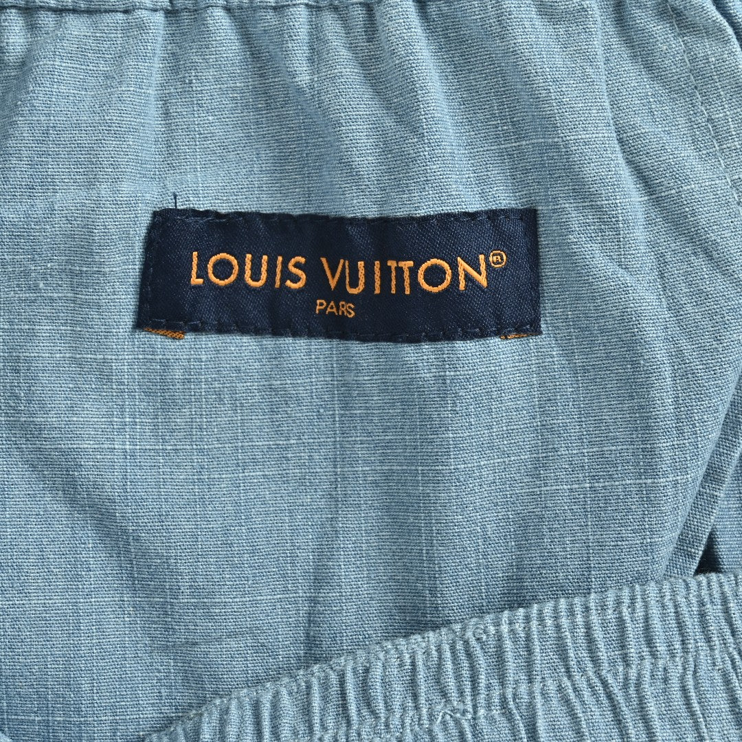 Louis Vuitton LV Front-and-Back Embroidered Chambray Shorts Light Blue