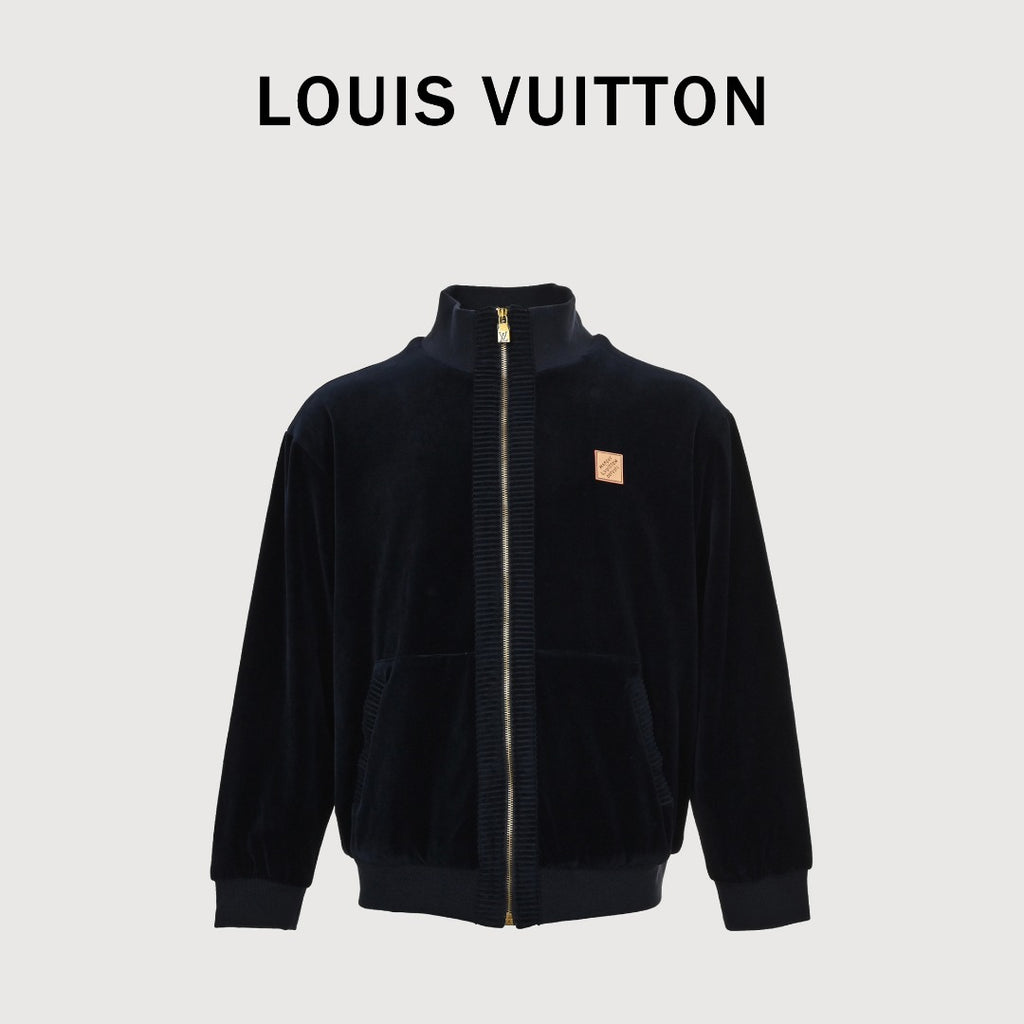 Louis Vuitton LV Leather Badge Velvet Track Jacket with Zip Pockets