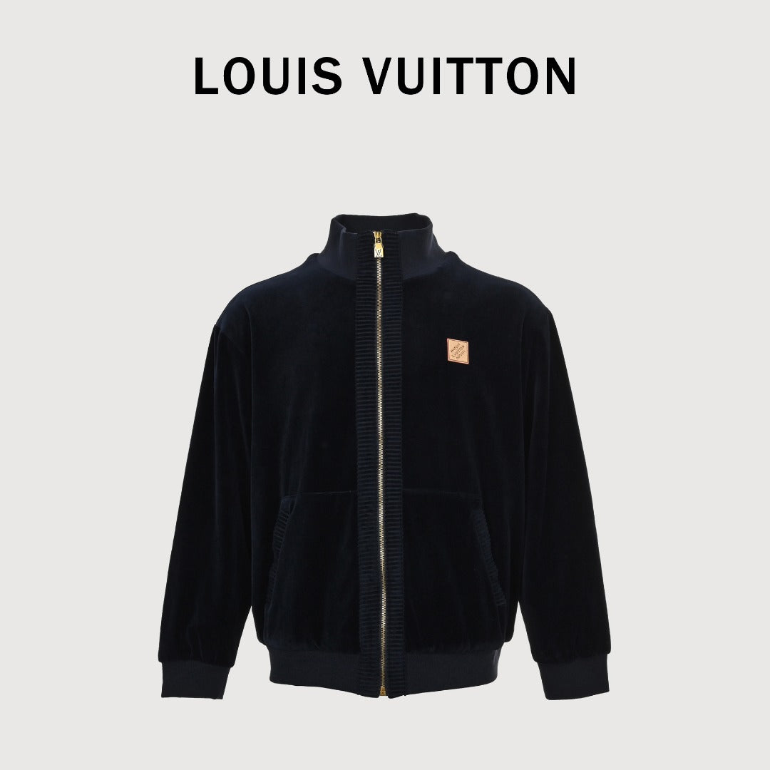 Louis Vuitton LV Leather Badge Velvet Track Jacket with Zip Pockets