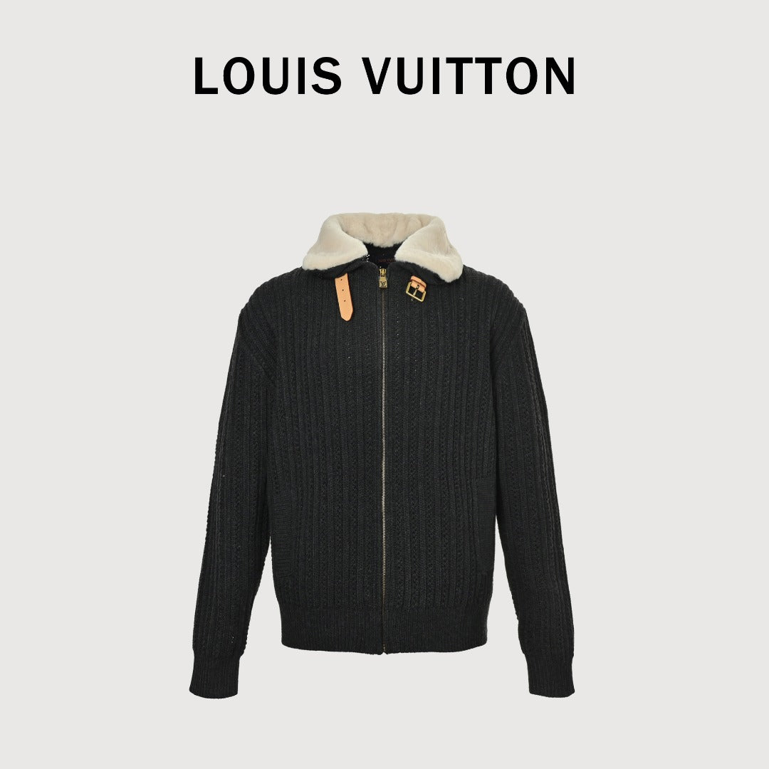 Louis Vuitton LV Shearling Collar Leather-Buckle Cashmere Wool Blend Drawstring Jacket