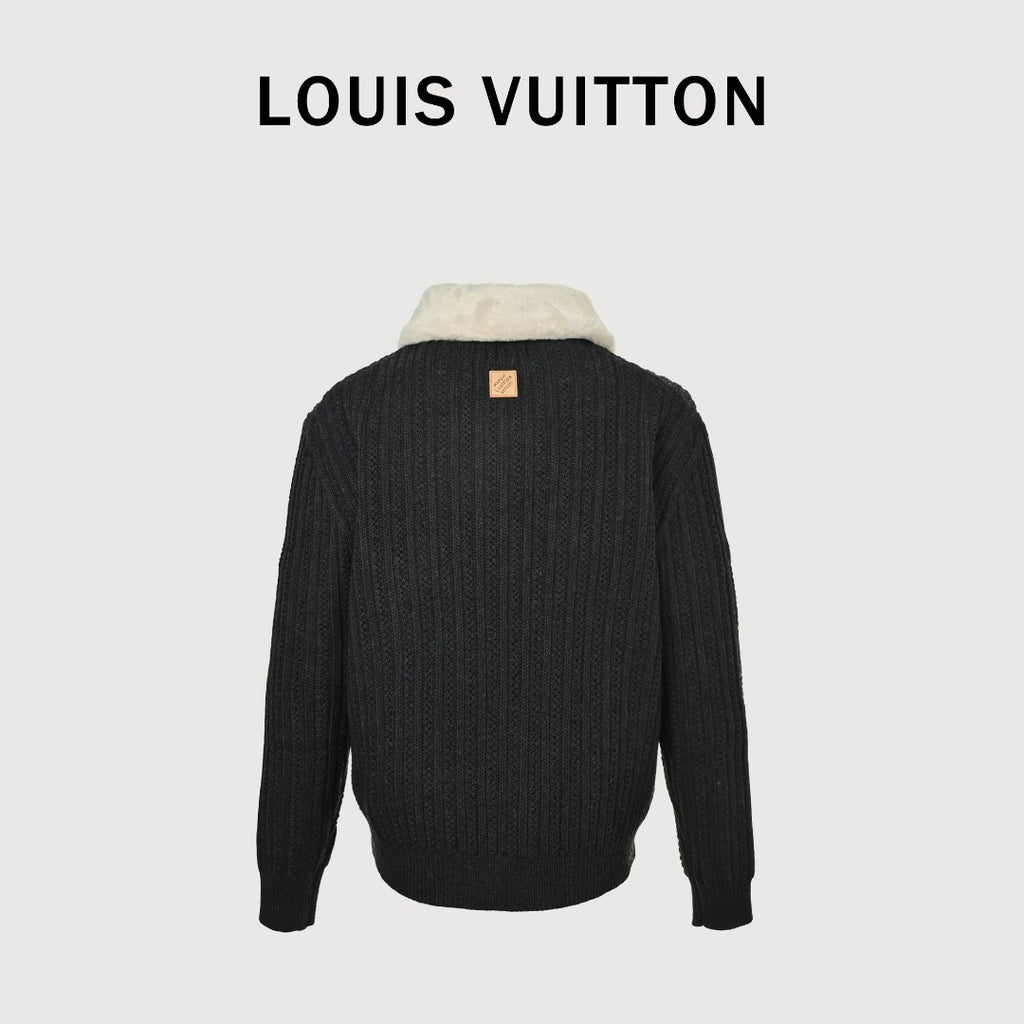 Louis Vuitton LV Shearling Collar Leather-Buckle Cashmere Wool Blend Drawstring Jacket