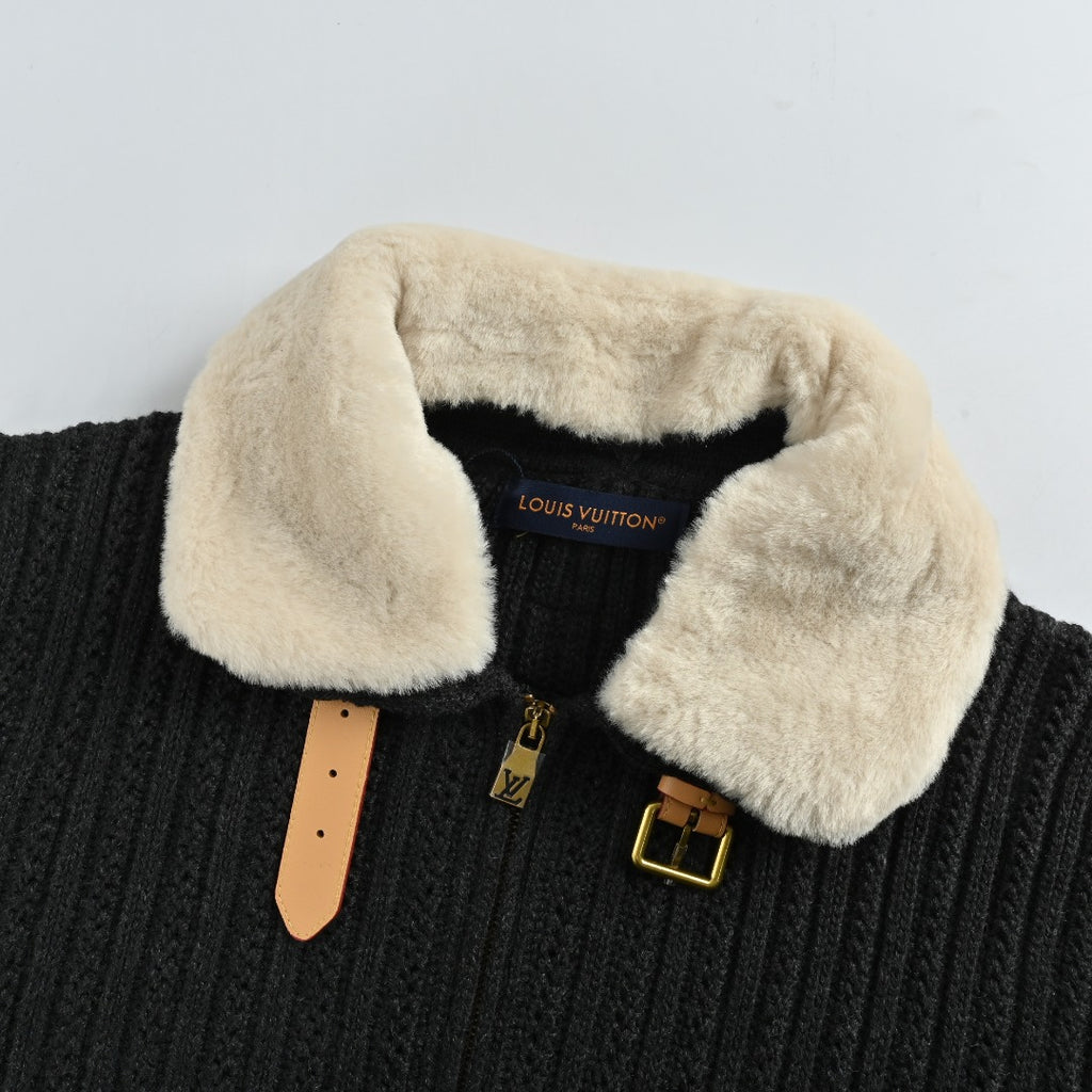 Louis Vuitton LV Shearling Collar Leather-Buckle Cashmere Wool Blend Drawstring Jacket