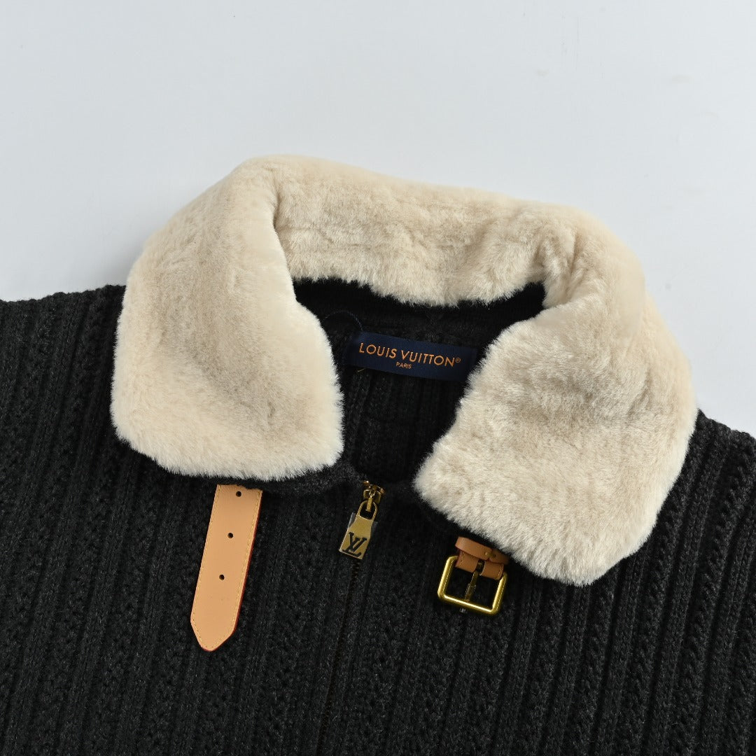 Louis Vuitton LV Shearling Collar Leather-Buckle Cashmere Wool Blend Drawstring Jacket