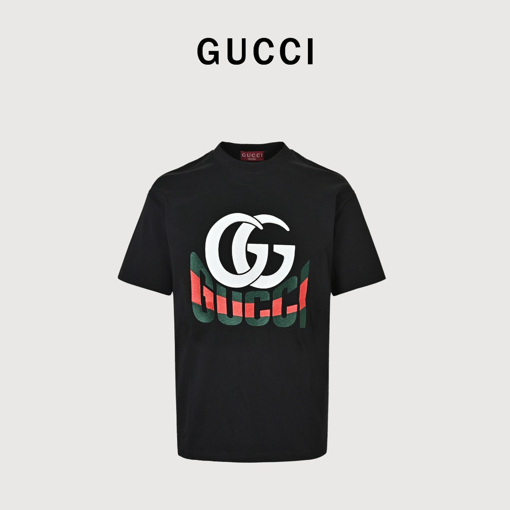 Gucci GG Appliqué Red Green Letter Embroidery Short-Sleeve T-Shirt Black
