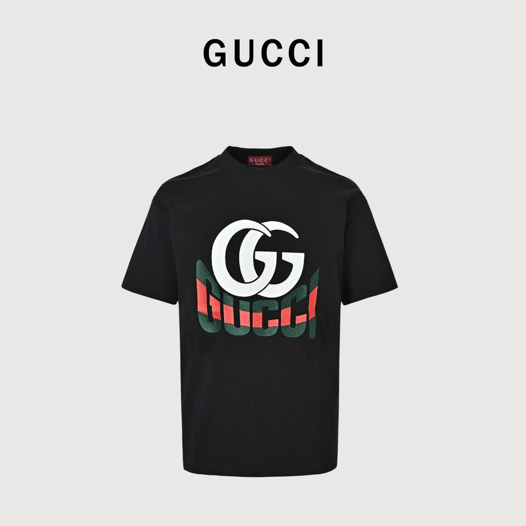 Gucci GG Appliqué Red Green Letter Embroidery Short-Sleeve T-Shirt Black
