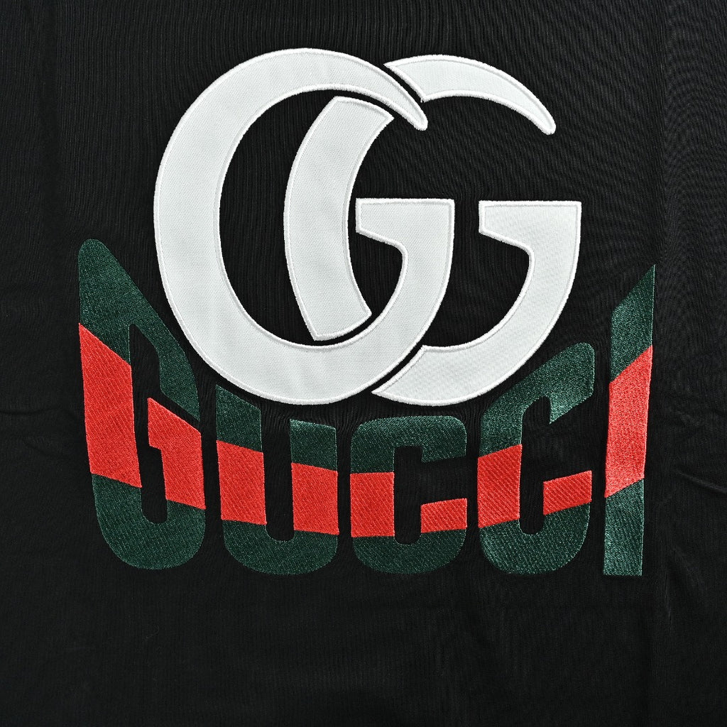 Gucci GG Appliqué Red Green Letter Embroidery Short-Sleeve T-Shirt Black
