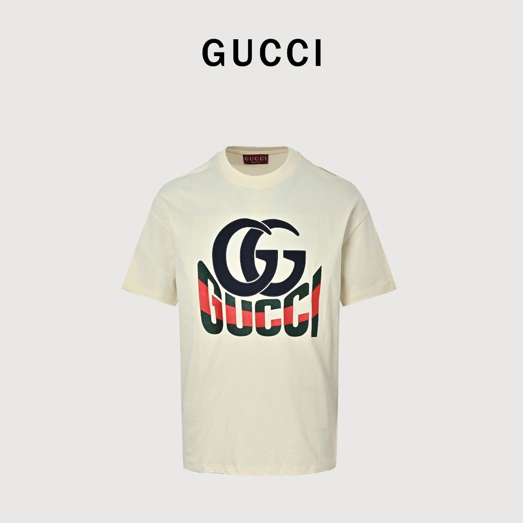 Gucci GG Appliqué Red Green Letter Embroidery Short-Sleeve T-Shirt Ivory