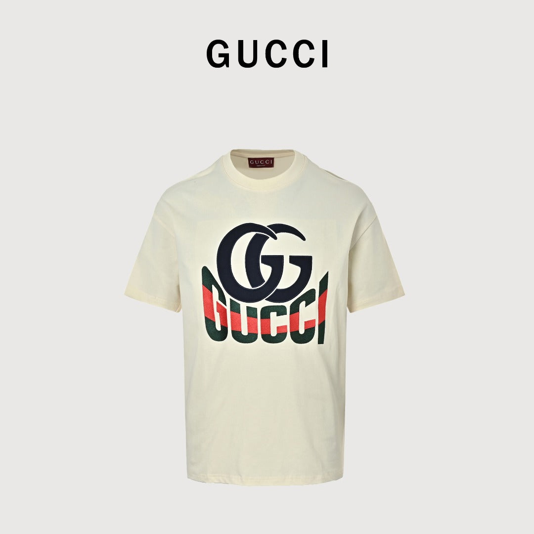 Gucci GG Appliqué Red Green Letter Embroidery Short-Sleeve T-Shirt Ivory