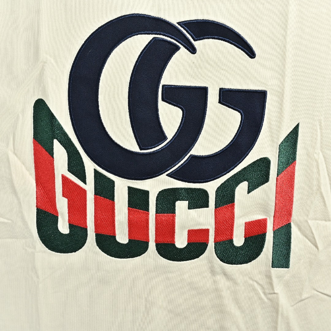 Gucci GG Appliqué Red Green Letter Embroidery Short-Sleeve T-Shirt Ivory