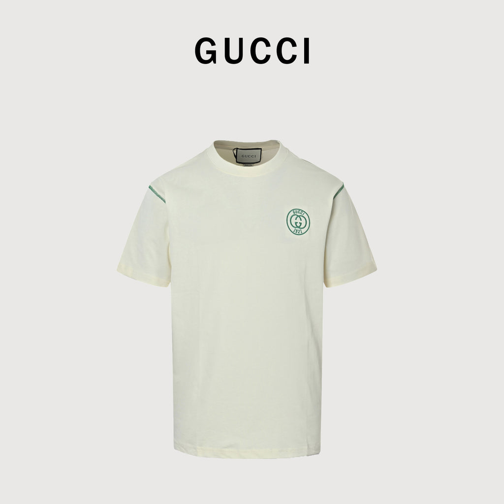 Gucci 1921 Double G Crest Embroidery Short-Sleeve T-Shirt Ivory