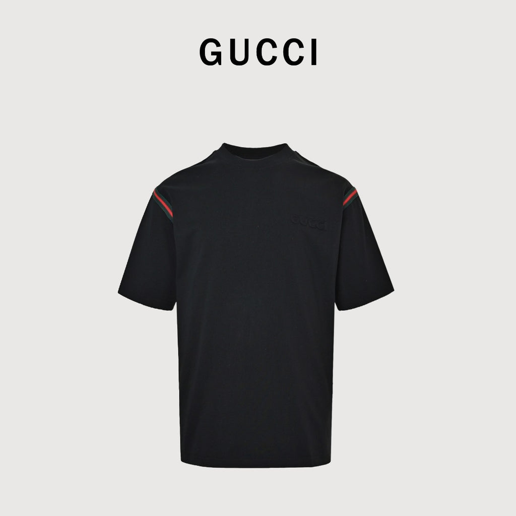 Gucci Red Green Web Stripe Shoulder Embroidered Logo Short-Sleeve T-Shirt Black